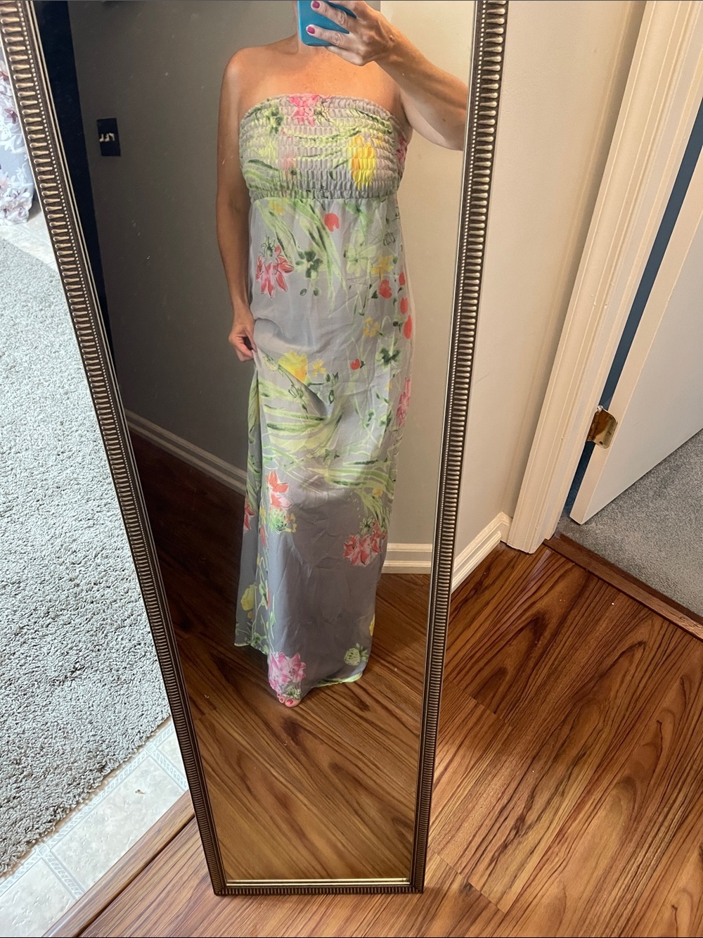Old Navy Gray Strapless Floral Maxi Dress